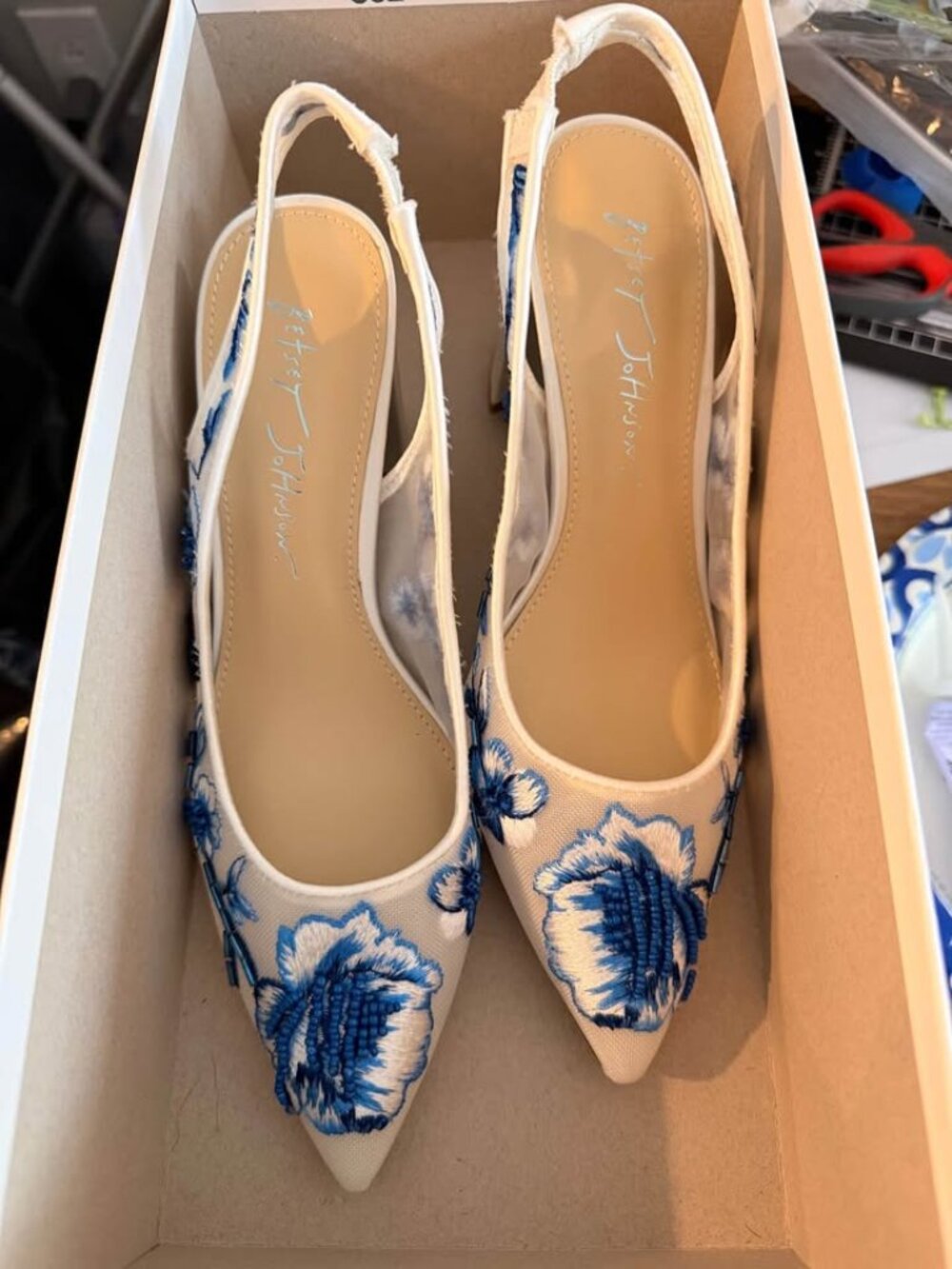 Betsey Johnson Page Blue Floral slingback block heel
